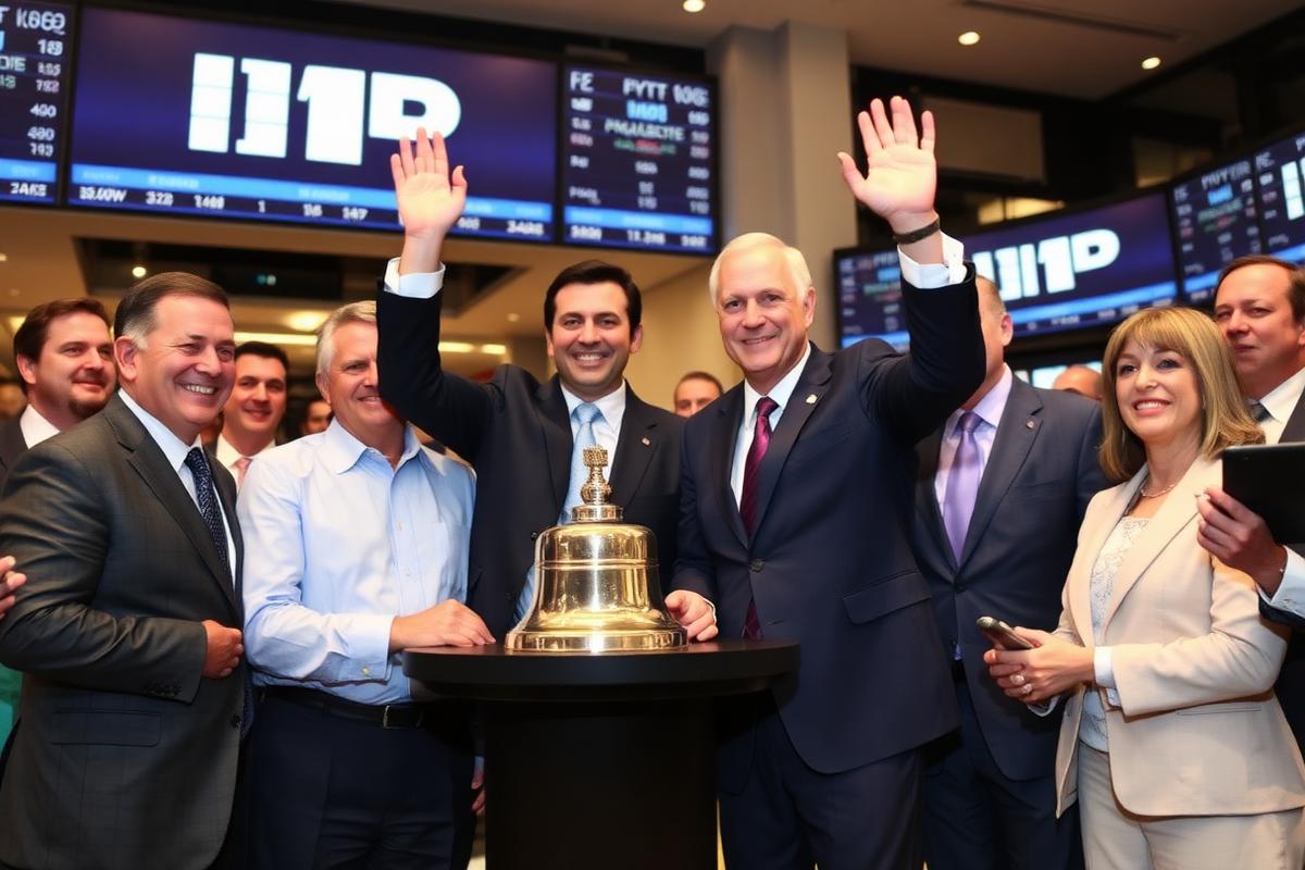Executives ringing the bell at a stock exchange IPO listing